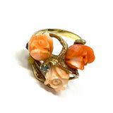 Estate size 6 14K Gold Peach Flower Brutalist Coral Sapphire Ring