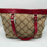 Longchamp LM Canvas Beige Red Jacquard Logo Leather Tote