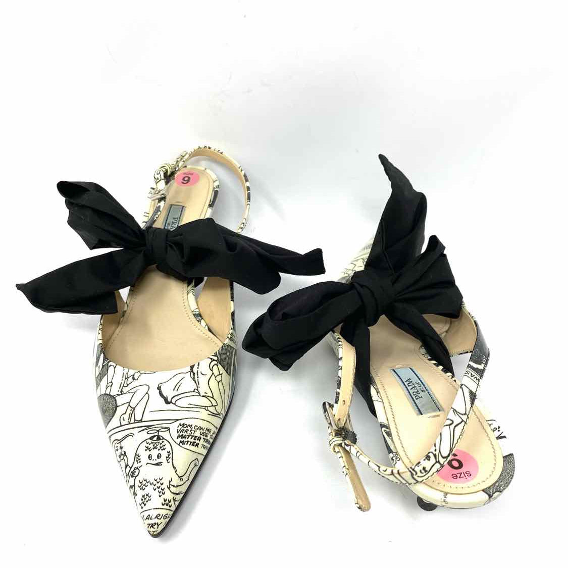 Prada Women's Comic Print black/white Size 39/9 Kitten Slingbacks