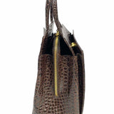 GIANNI VERSACE Brown Top Handle Croc Embossed Patent Leather Satchel