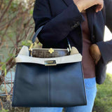 Fendi Peekaboo X-Lite Medium Black Top Handle Turnlock Leather Satchel