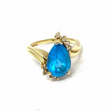Magic Glo size 5.5 10K Yellow Gold Teardrop Blue Topaz Natural Diamonds Ring