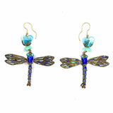 Statement Blue Gold Drop Dragonfly Earrings