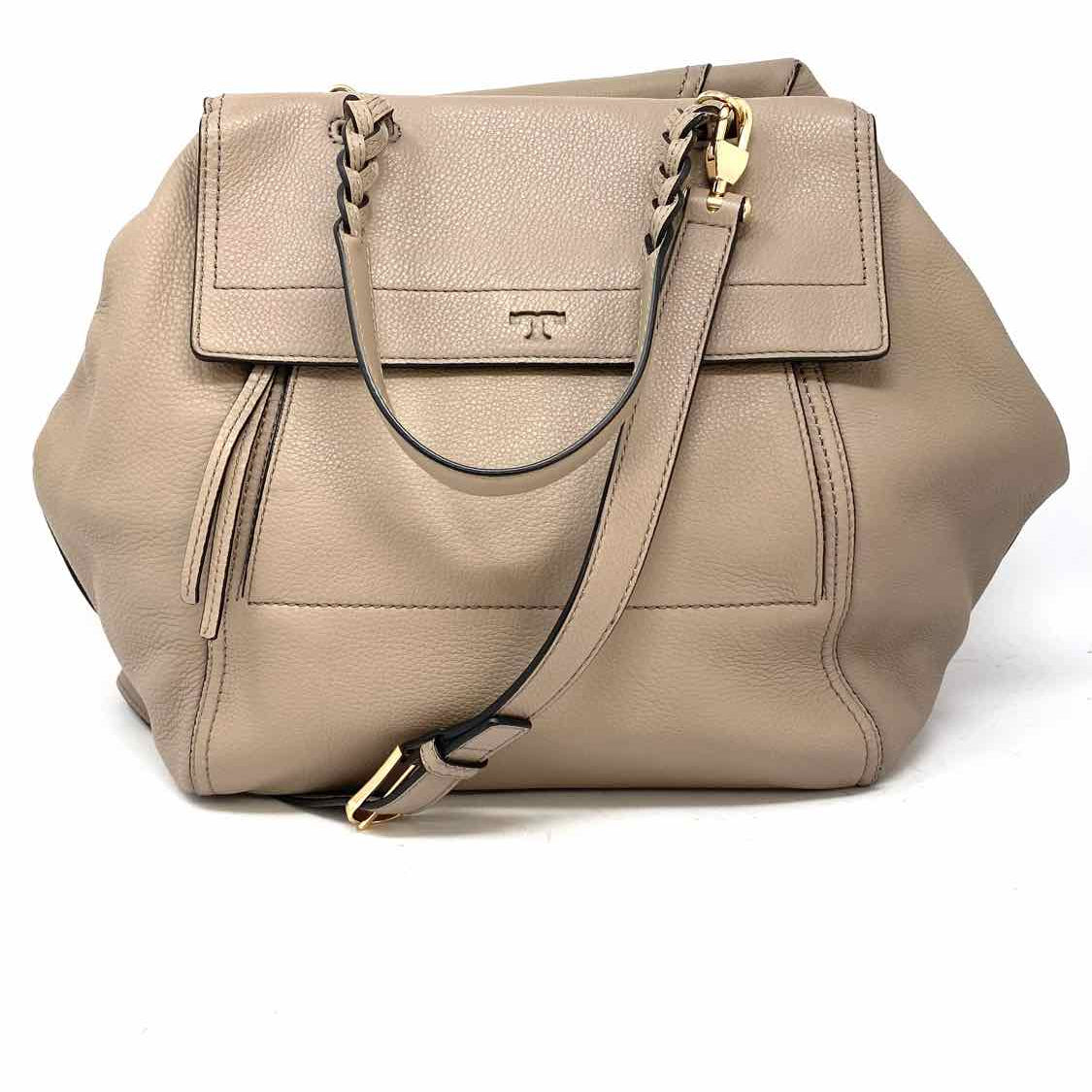 Tory Burch Half Moon French Gray Taupe Pebbled Leather Satchel
