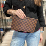 LOUIS VUITTON 2016 Neverfull Pochette Coated Canvas Brown Damier Ebene Wristlet