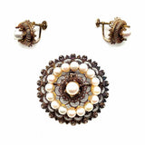 Estate 10K Yellow Gold White Round Filigree Pearl Earring & Pendant Set