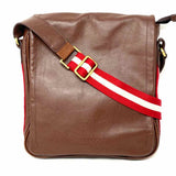 BALLY Brown Flap Leather Messenger Bag w/ Red White Canvas Side Stripe & Strap