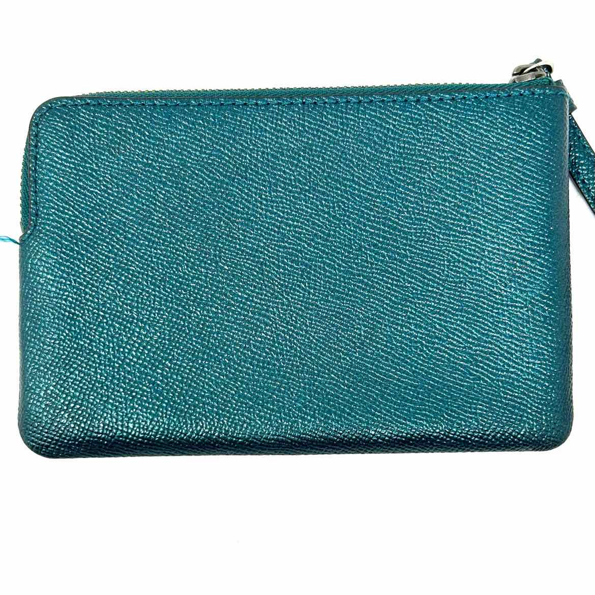Coach Corner Zip Teal Metallic Pebbled Leather Wristlet