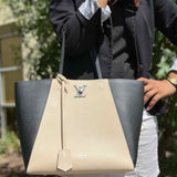 LOUIS VUITTON 2017 LockMe Cabas Black Beige Turnlock Color Block Leather Tote