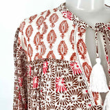 Roberta Roller Rabbit Women's White Brown Size L Pleated Cotton Long Sleeve