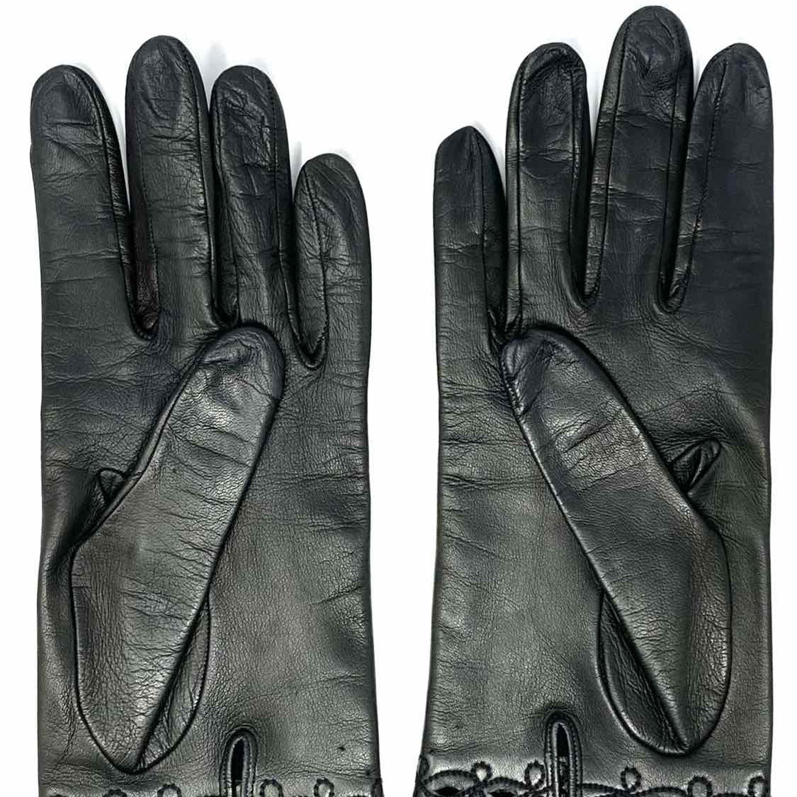 Women's Black Leather Embroidered Detail gloves