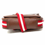 BALLY Brown Flap Leather Messenger Bag w/ Red White Canvas Side Stripe & Strap