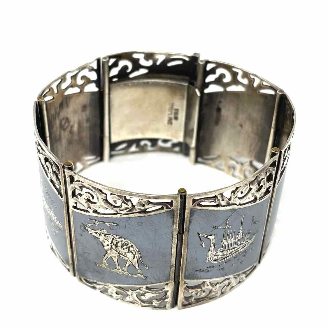 Siamese Niello Sterling Silver 7" Engraved Elephant Deities Vintage Cuff