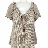 Max Studio Women's Brown White Size L Ruffled Gingham Short Sleeve Top