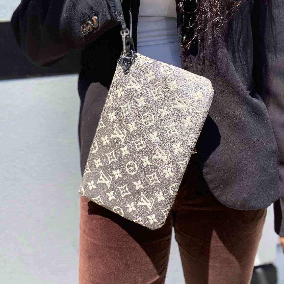 LOUIS VUITTON 2023 Denim Gray Monogram Jacquard Wristlet Clutch