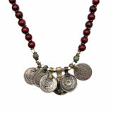 Handmade Red Silver Tone Beaded 30" Coin Necklace