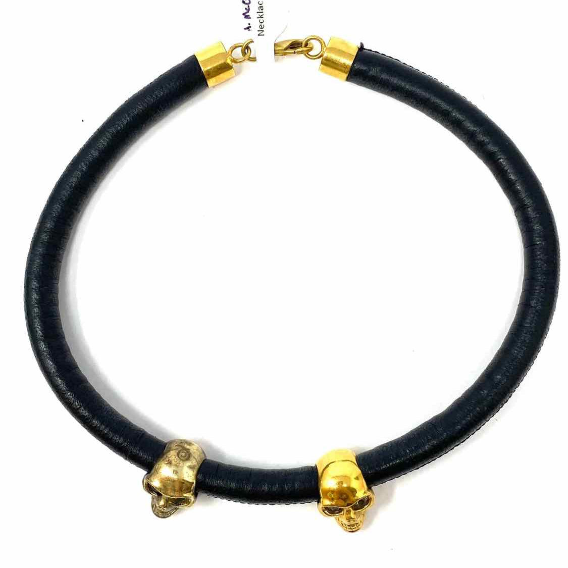 Alexander McQueen Leather Black Gold Tone Choker Skulls Necklace