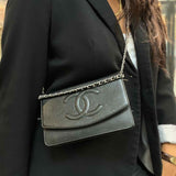 Chanel 05/06 Timeless Vintage Black Flap CC Caviar Leather Wallet on Chain