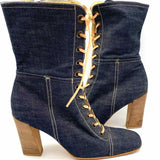 miu miu Women's Dark Blue Size 40/9 Block Heel Denim Lace-Up Boots