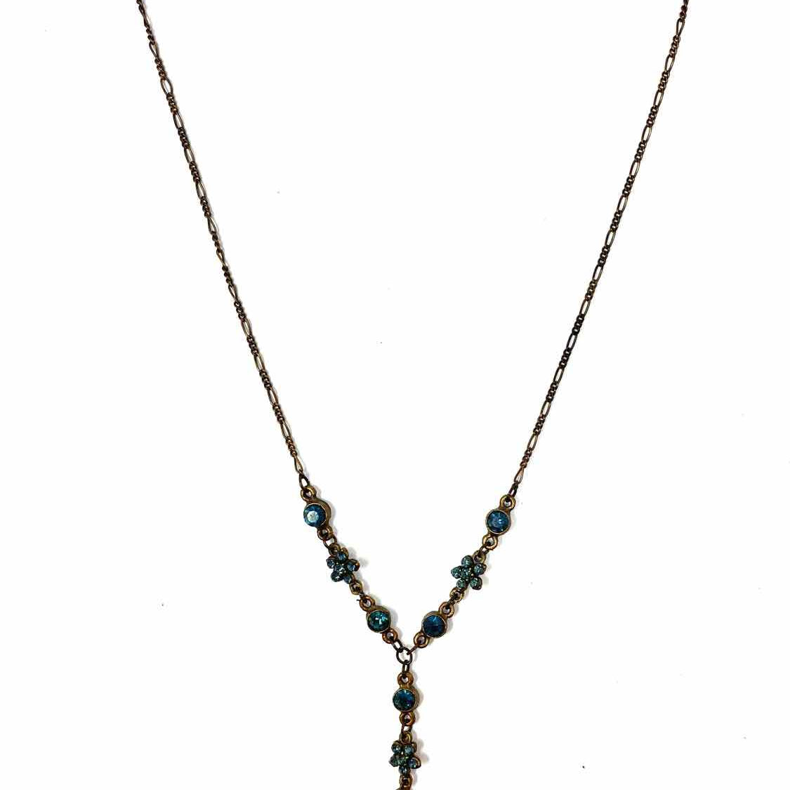 Austrian Crystal Bronze Tone Pendant 15.5" Floral Blue Crystal Necklace