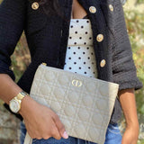 Christian Dior 2023 Caro Daily Pouch M Taupe CANNAGE Pebbled Leather Wristlet