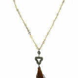 Love Heals Beige Brown Silver Tone Beaded Leather Tassel Quartz Necklace