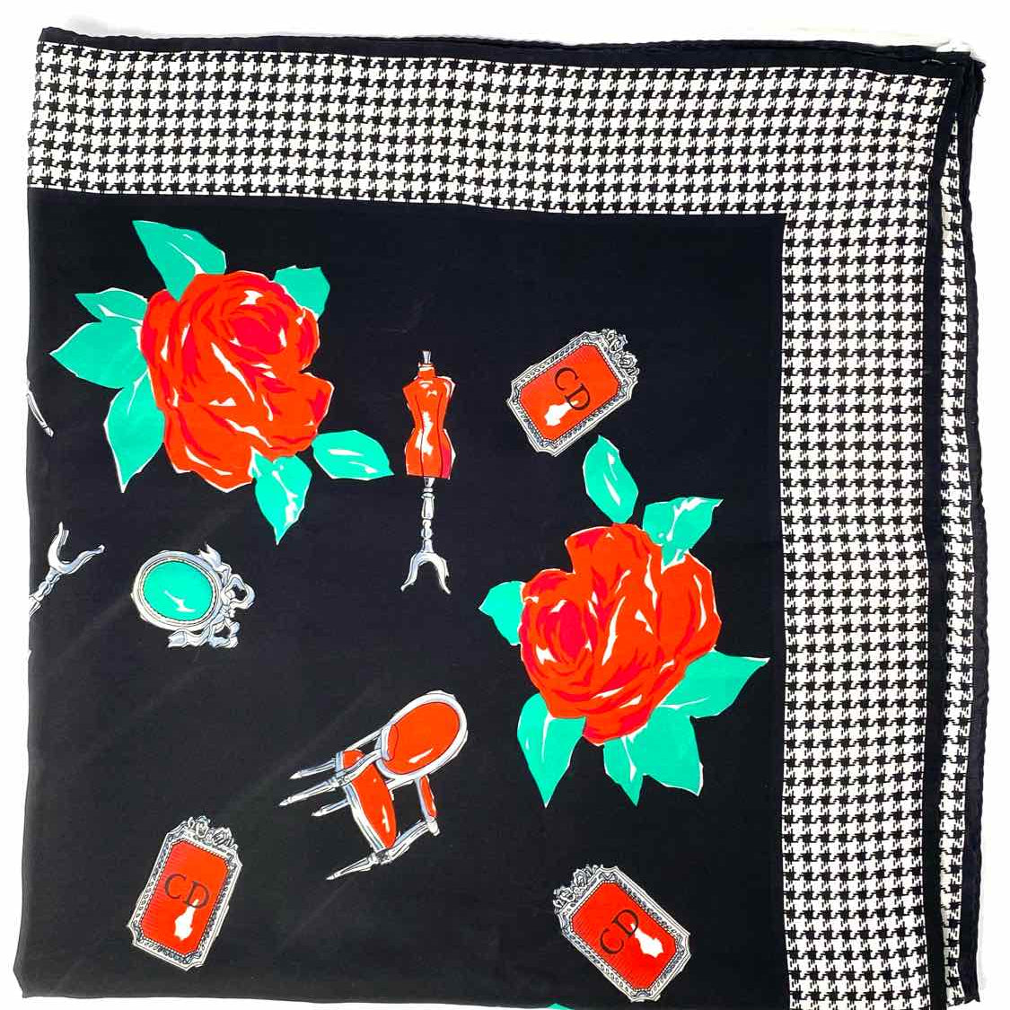 Christian Dior Black Red Square 34" Houndstooth Roses Scarf