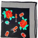 Christian Dior Black Red Square 34" Houndstooth Roses Scarf