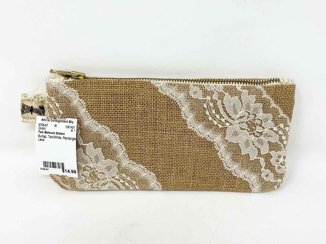 Two Belmont Sisters Burlap Tan/White Rectangle Lace Clutch - Article Consignment