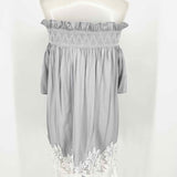 Tahari Women's Light Gray Off The Shoulder Embroidered Size L Short Sleeve Top - Article Consignment