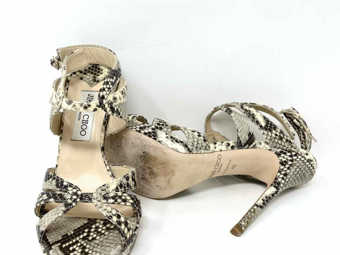 JIMMY CHOO Women's Nina Beige/Black Stiletto Snake Size 40/9 Sandals - Article Consignment