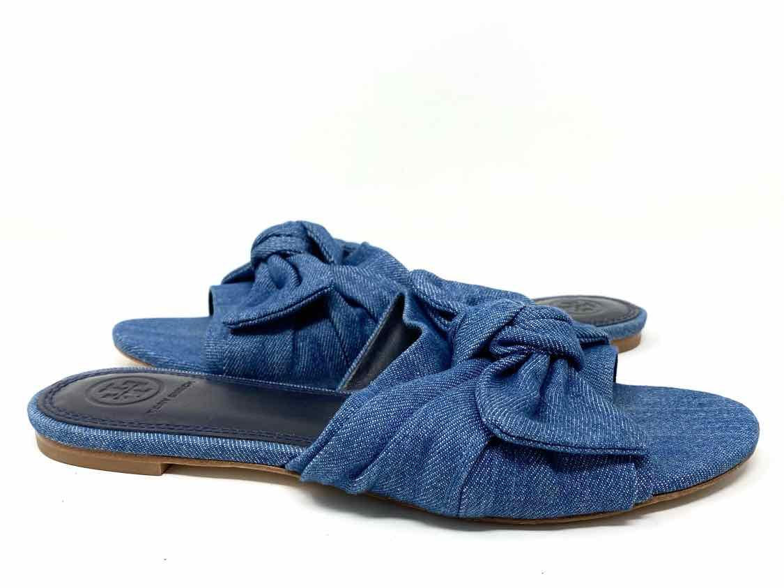 Tory Burch Women's Blue Slide Chambray Bow Size 7.5 Sandals - Article Consignment