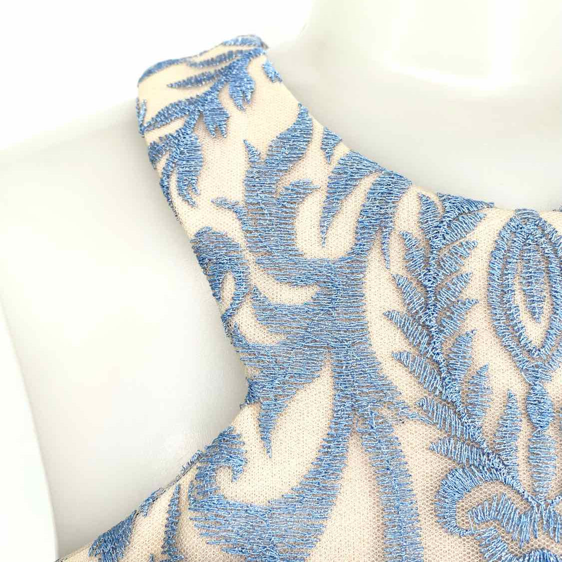 Nightway Women's Blue/Beige High Neck Embroidered Prom Size 6 Gown
