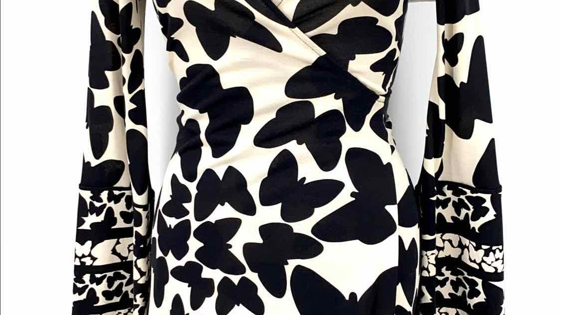 Diane Von Furs Black/Cream Wrap Butterflies Size 2 Dress - Article Consignment
