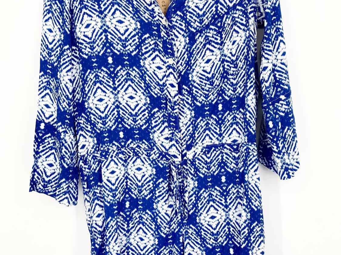 Felicite Size S Blue/White 3/4 Sleeve Rayon Blend Ikat Romper - Article Consignment
