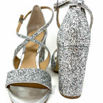 JewelBadgleyMischka Women's Silver Block Heel Glitter Formal Size 8.5 Sandals - Article Consignment
