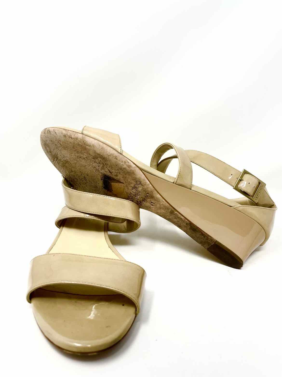 JIMMY CHOO Women's Nude Wedge Patent Leather Strappy Size 41/10 Sandals - Article Consignment