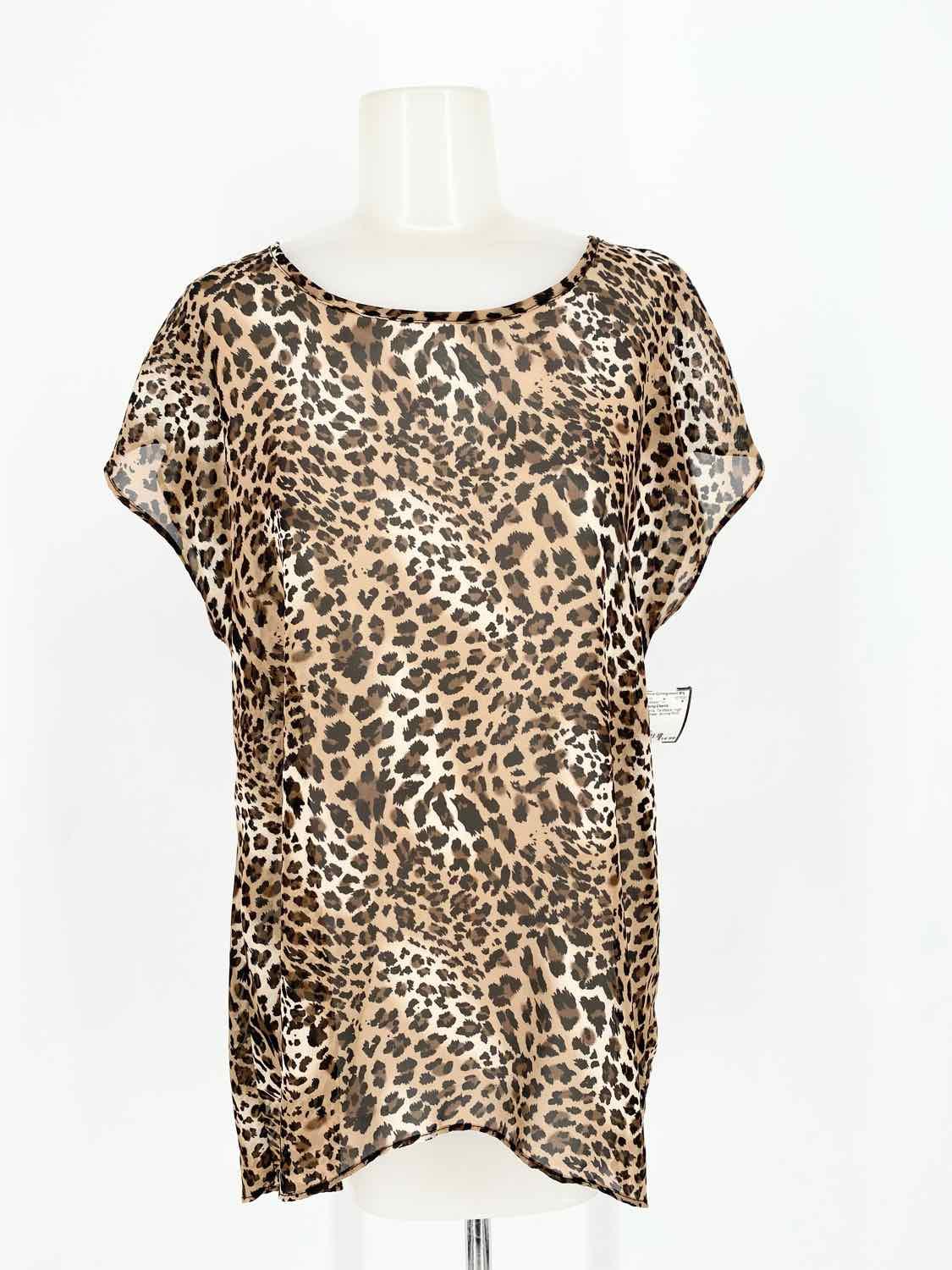 Charming Charlie Women's Tan/black High Low Sheer Animal Print Short Sleeve Top - Article Consignment