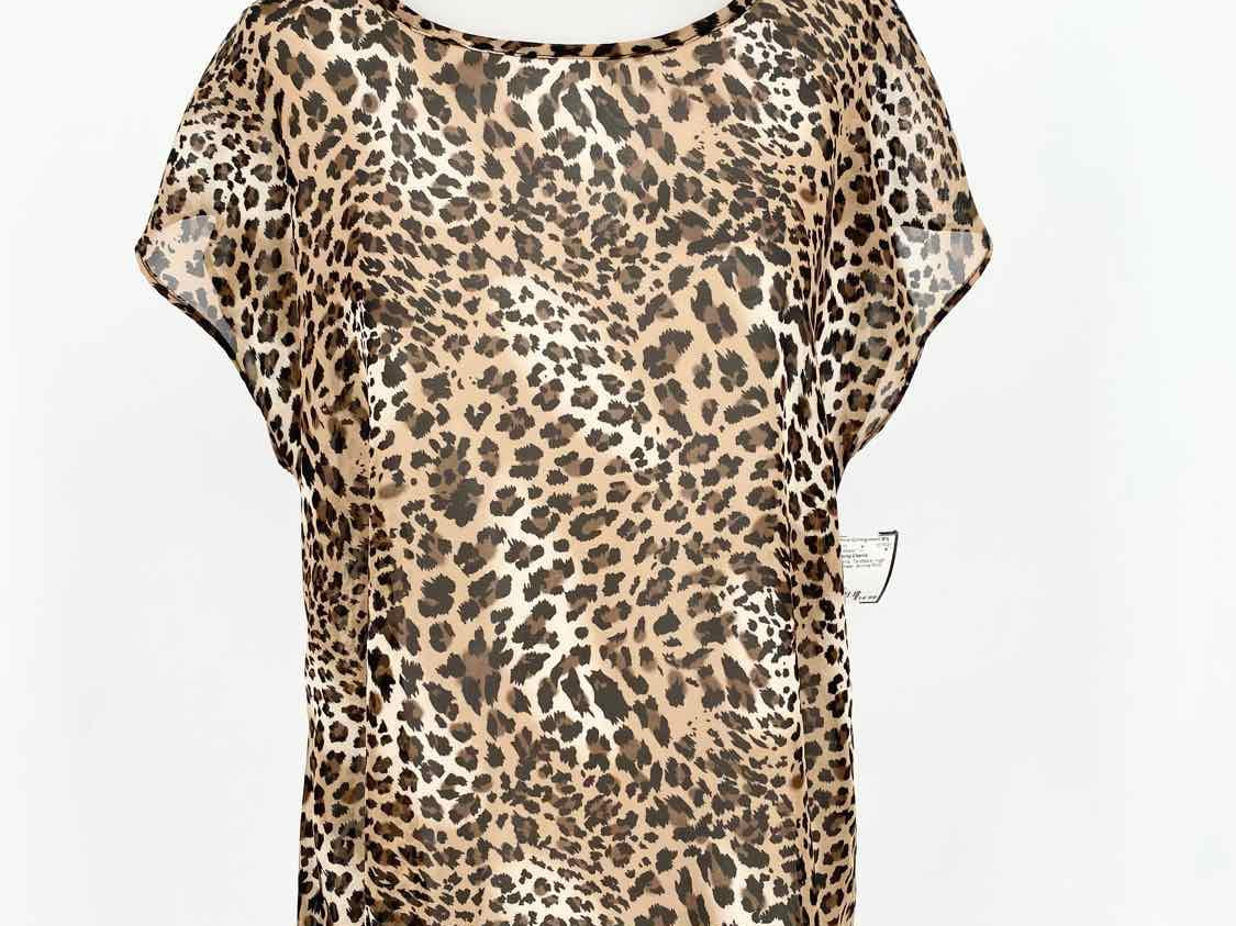 Charming Charlie Women's Tan/black High Low Sheer Animal Print Short Sleeve Top - Article Consignment