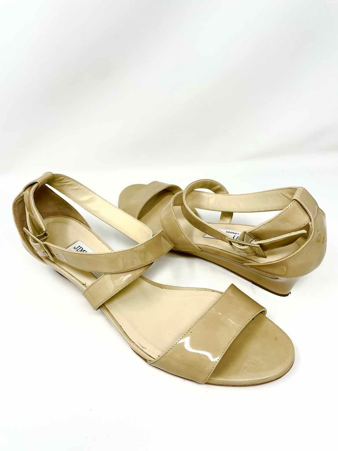 JIMMY CHOO Women's Nude Wedge Patent Leather Strappy Size 41/10 Sandals - Article Consignment