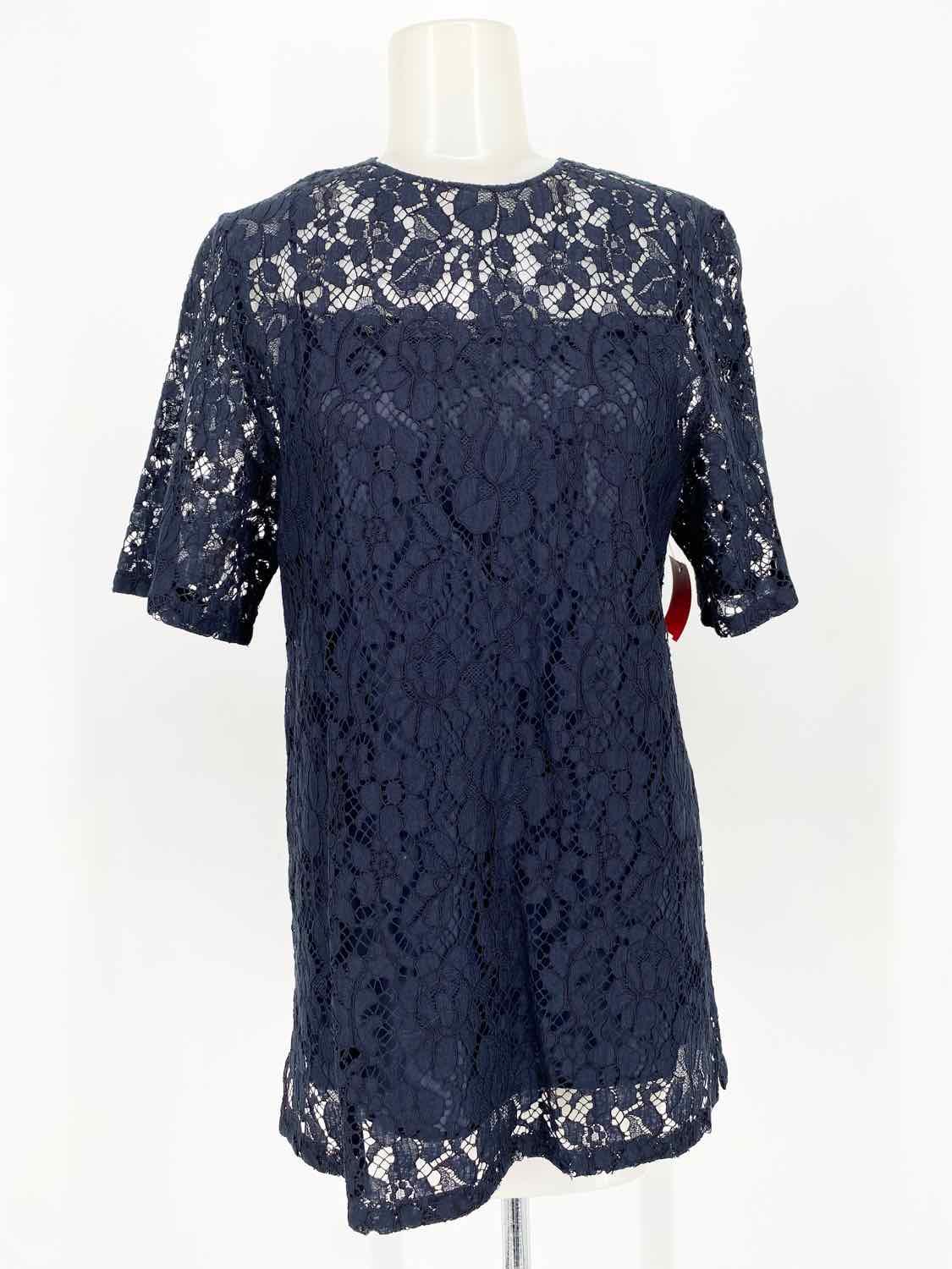 Prada Women's Navy Blouse Silk Blend Lace Italy Size 40/4 Short Sleeve Top - Article Consignment