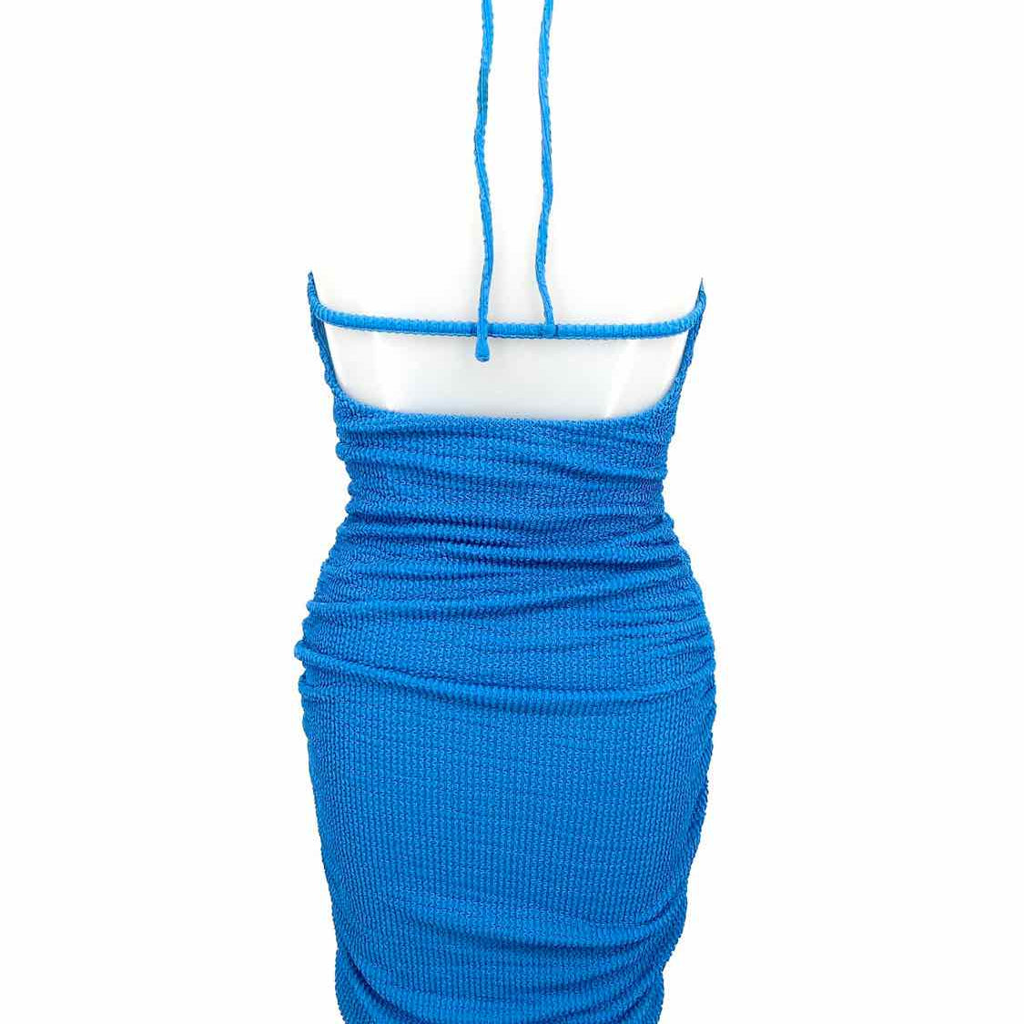 thatssofetch Women's Blue Textured Halter Polyester Ruched Size 4 Dress
