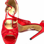 MARCHESA Women's Red Stiletto Satin Lace Platform Size 38.5/8 Sandals - Article Consignment