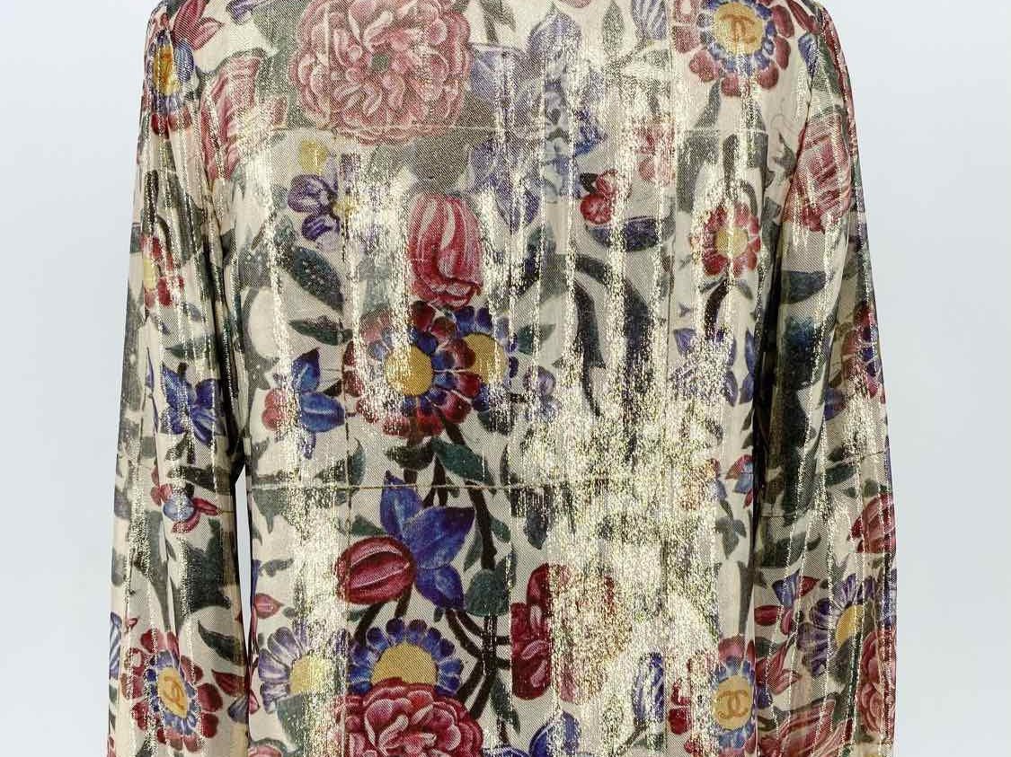 Chanel Women's Beige Print Blazer Silk Blend Floral France Size 38/6 Jacket - Article Consignment