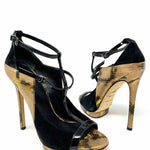 BRIAN ATWOOD Shoe Size 6 Black/Gold Heeled Snake Print Sandals - Article Consignment