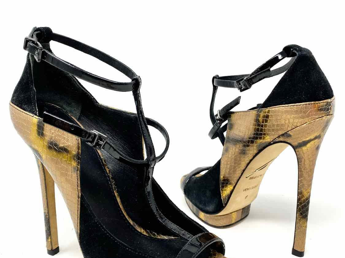 BRIAN ATWOOD Shoe Size 6 Black/Gold Heeled Snake Print Sandals - Article Consignment