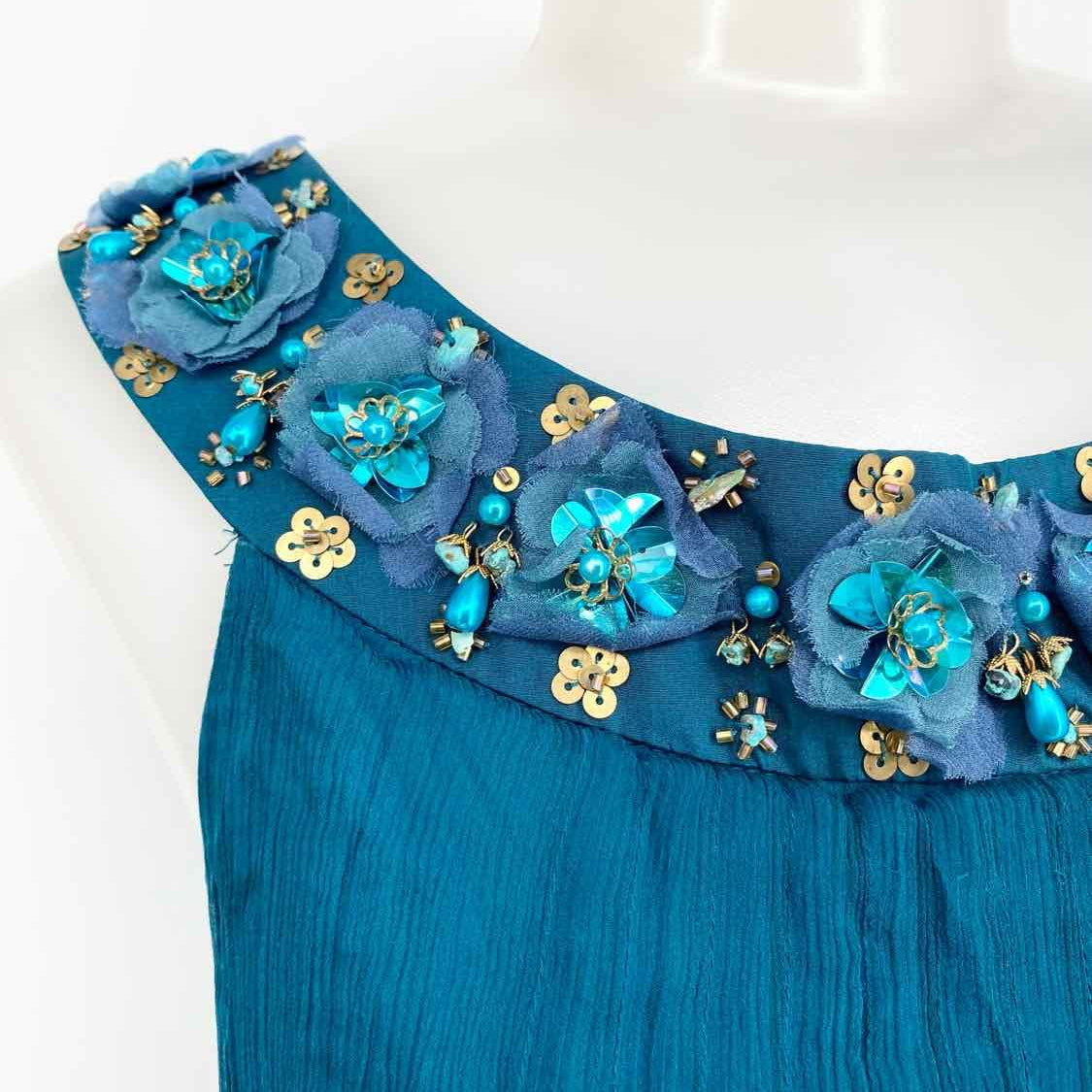 Rebecca Taylor Women's Teal Tank Silk Embellished Size M Sleeveless - Article Consignment