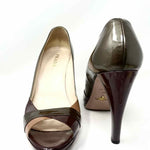 Prada Women's Brown Patent Leather Color Block Peeptoe Size 41/10 Pumps - Article Consignment