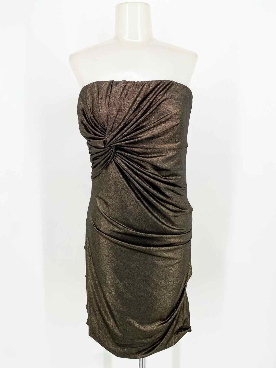 G by Guess Women's Bronze Strapless Metallic Ruched Holiday Size L Dress - Article Consignment