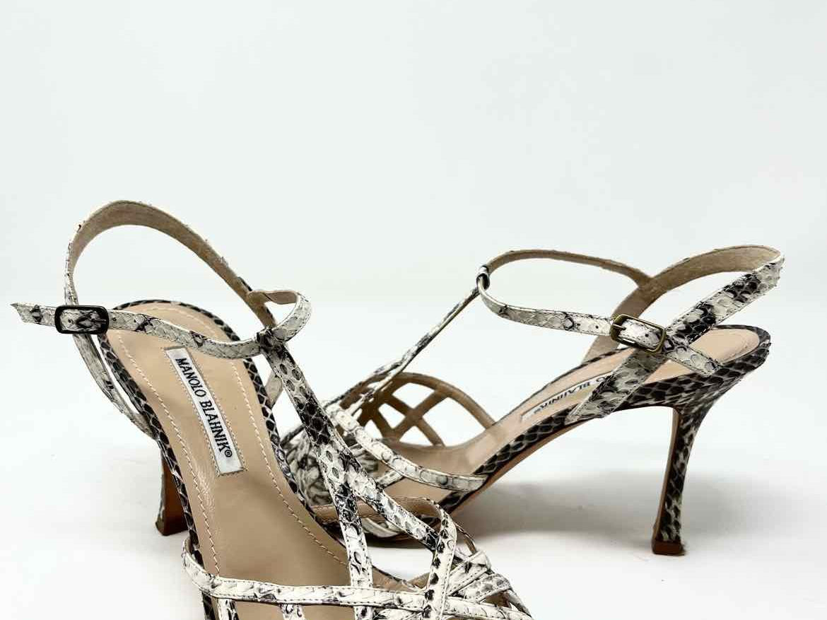Manolo Blahnik Women's Ivory/Gray Strappy Leather Snake Italy Sandals - Article Consignment